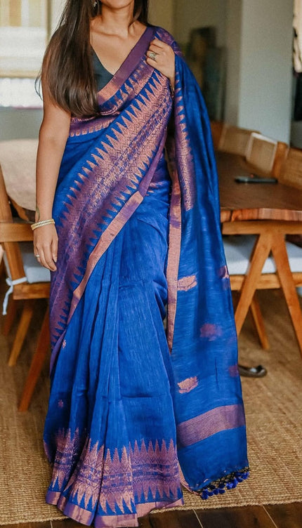 Royal Blue Raw Silk Saree with Copper Zari Border