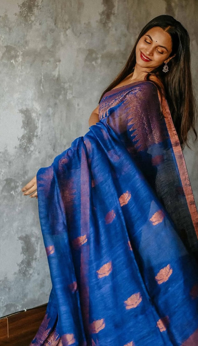 Royal Blue Raw Silk Saree with Copper Zari Border