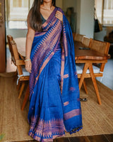 Royal Blue Raw Silk Saree with Copper Zari Border