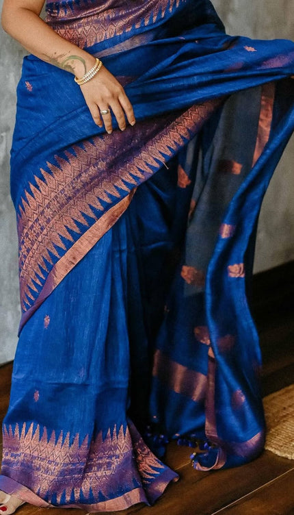 Royal Blue Raw Silk Saree with Copper Zari Border
