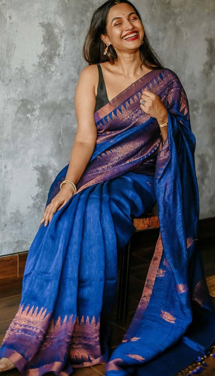 Royal Blue Raw Silk Saree with Copper Zari Border