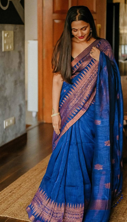 Royal Blue Raw Silk Saree with Copper Zari Border