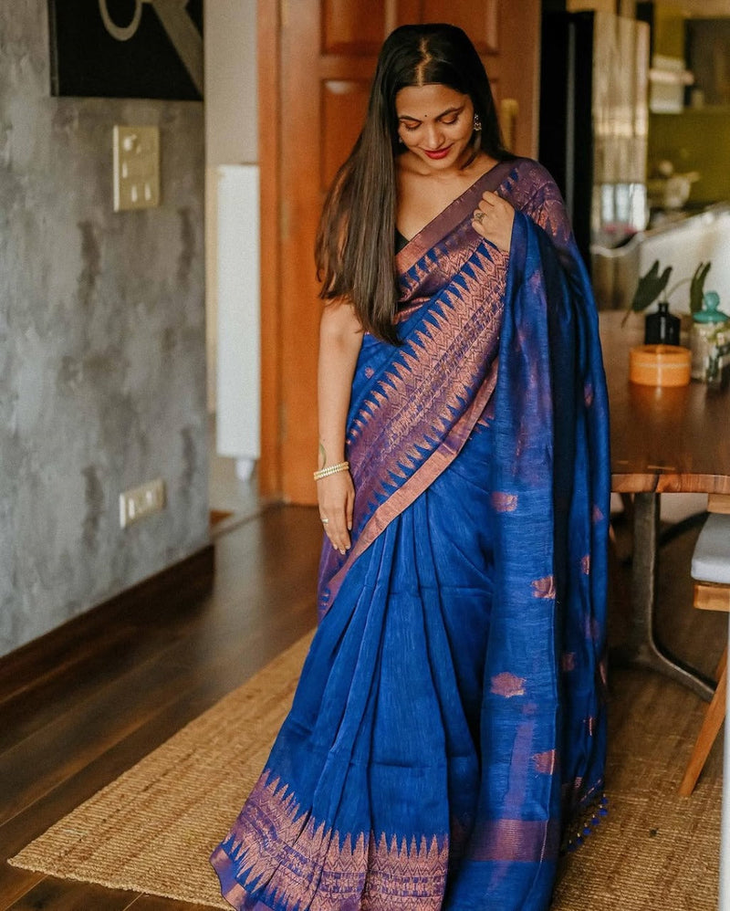 Royal Blue Raw Silk Saree with Copper Zari Border