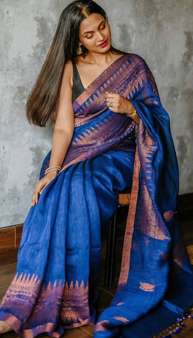Royal Blue Raw Silk Saree with Copper Zari Border