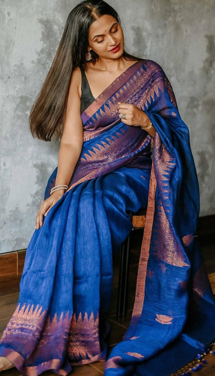 Royal Blue Raw Silk Saree with Copper Zari Border