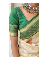 Ivory Banarasi Silk Saree with Emerald Green Border