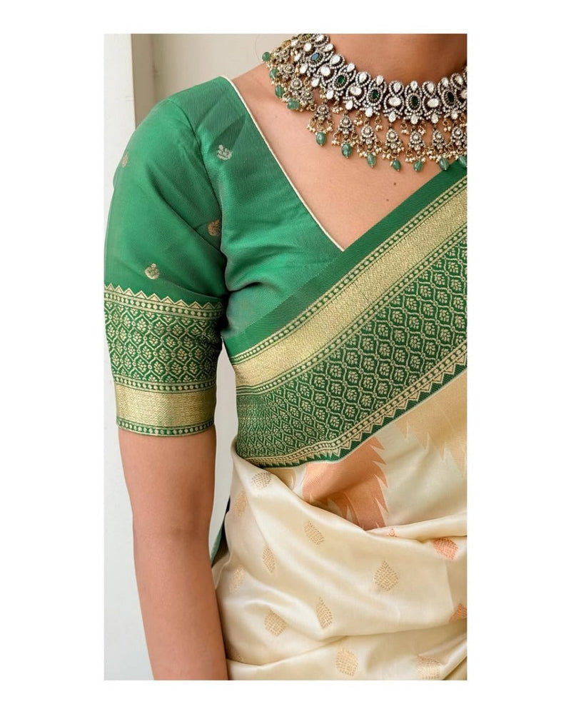 Ivory Banarasi Silk Saree with Emerald Green Border
