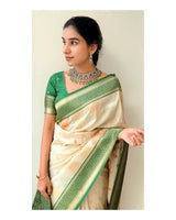 Ivory Banarasi Silk Saree with Emerald Green Border