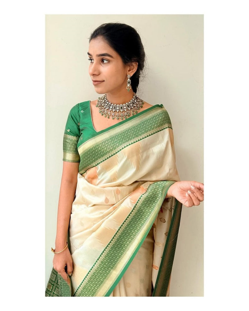 Ivory Banarasi Silk Saree with Emerald Green Border