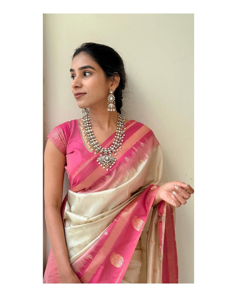 Ivory Silk Saree with Rani Pink Zari Border