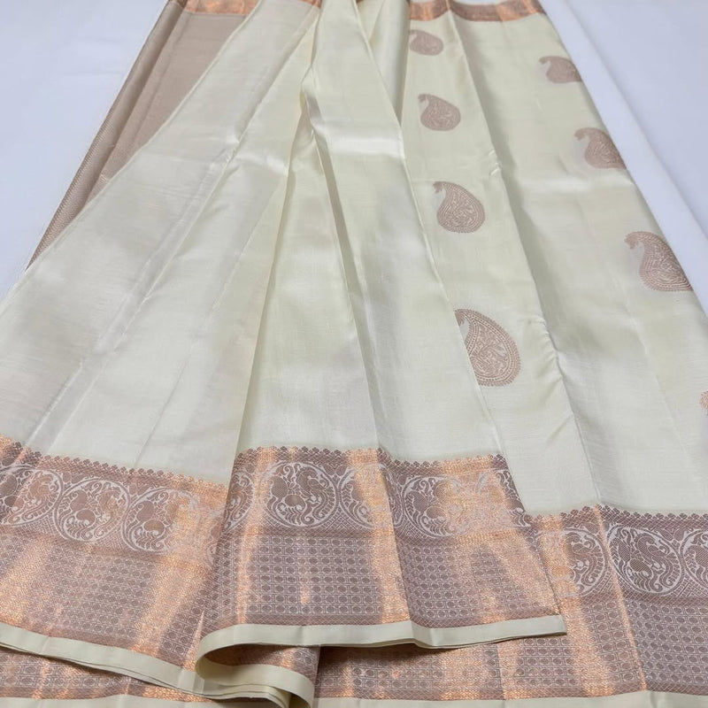 Ivory Kanjivaram Saree with Rose Gold Zari Motifs
