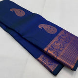 Blue Kanjivaram Saree with Rose Gold Zari Motifs