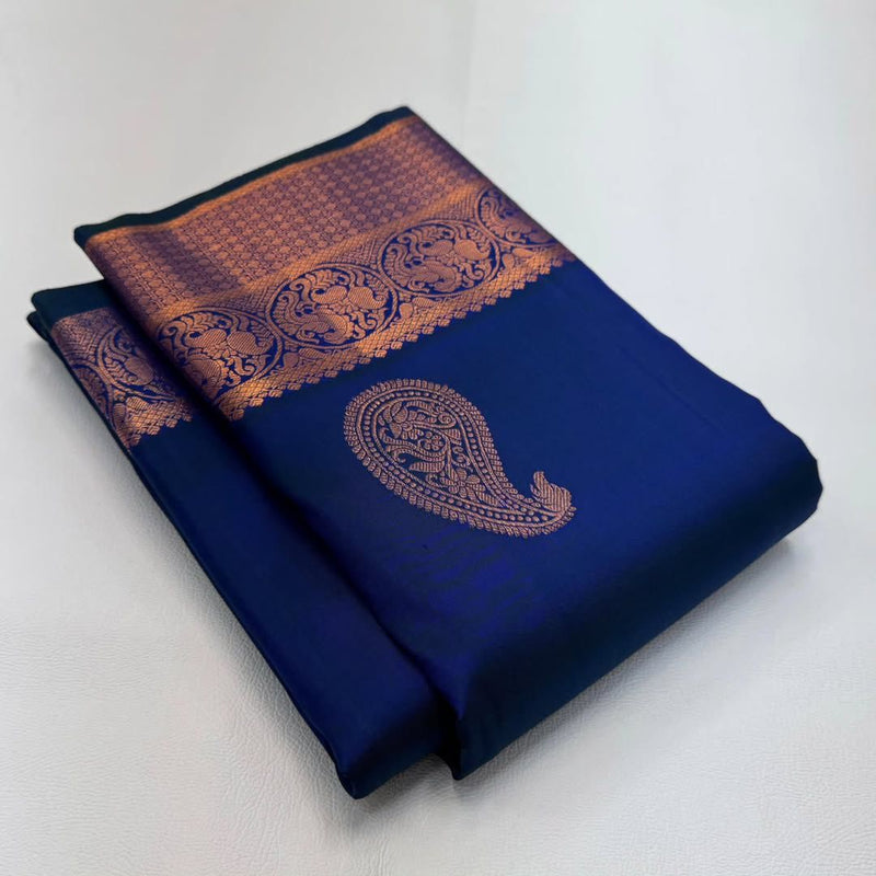 Blue Kanjivaram Saree with Rose Gold Zari Motifs