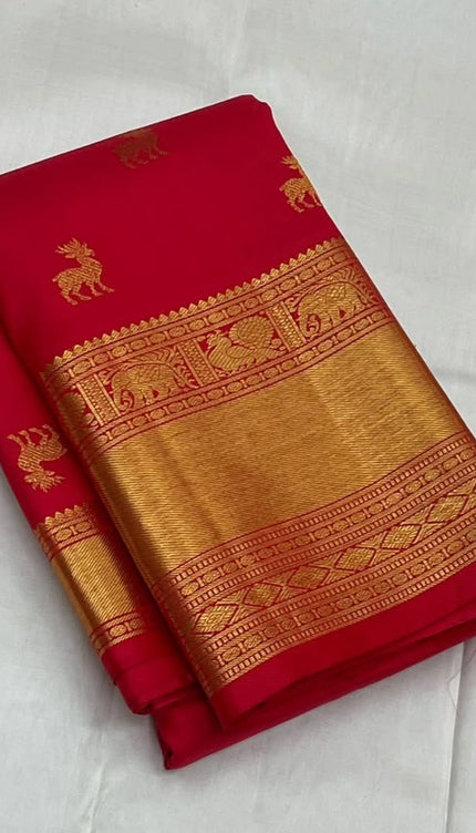 Pure Red Kanjivaram Saree with Golden Deer Motifs