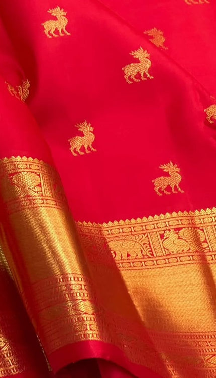 Pure Red Kanjivaram Saree with Golden Deer Motifs