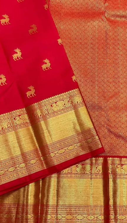 Pure Red Kanjivaram Saree with Golden Deer Motifs