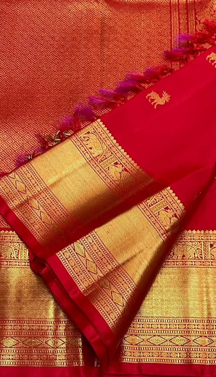 Pure Red Kanjivaram Saree with Golden Deer Motifs