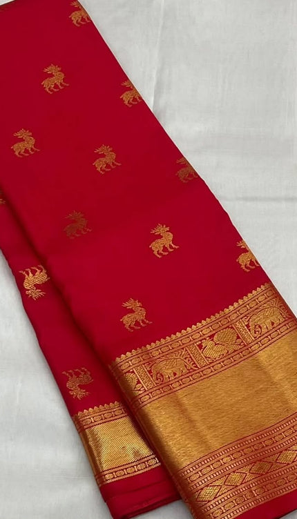 Pure Red Kanjivaram Saree with Golden Deer Motifs