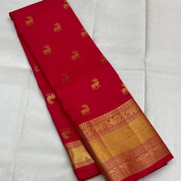 Pure Red Kanjivaram Saree with Golden Deer Motifs