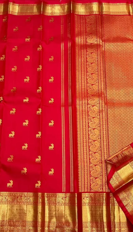 Pure Red Kanjivaram Saree with Golden Deer Motifs
