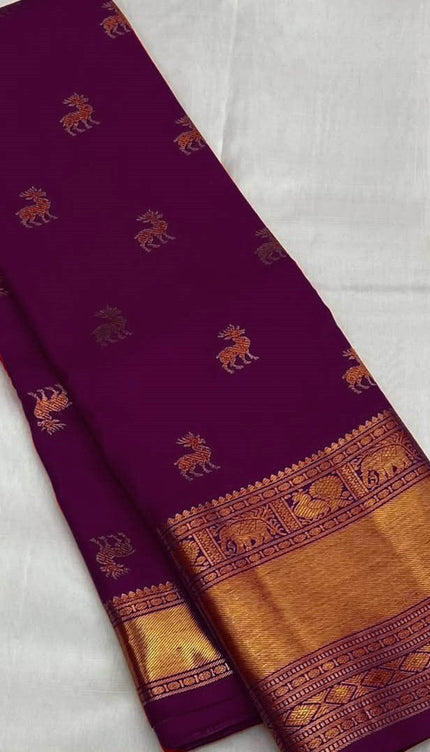 Pure Purple Kanjivaram Saree with Golden Deer Motifs