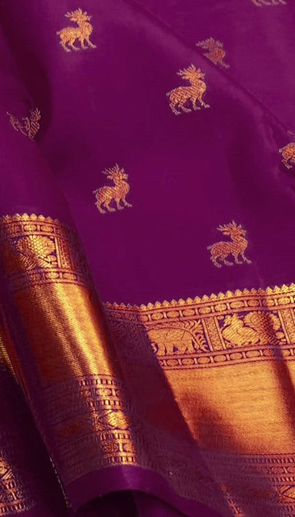 Pure Purple Kanjivaram Saree with Golden Deer Motifs