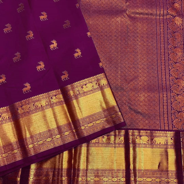 Pure Purple Kanjivaram Saree with Golden Deer Motifs