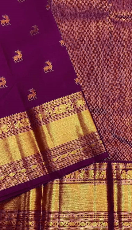 Pure Purple Kanjivaram Saree with Golden Deer Motifs