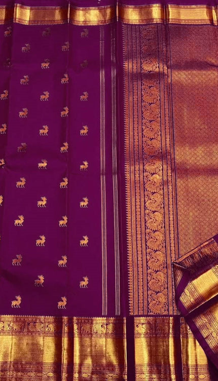 Pure Purple Kanjivaram Saree with Golden Deer Motifs