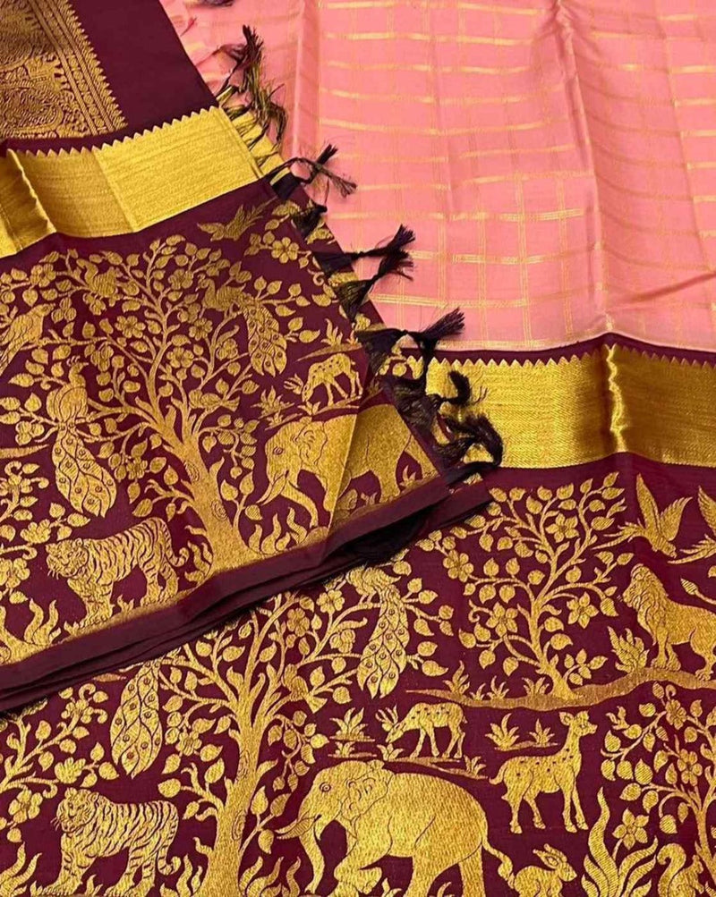 Blush Pink Saree with Maroon Zari Jungle Pallu