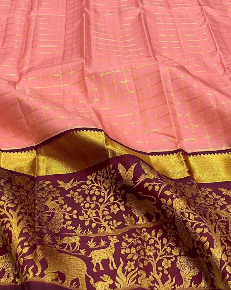 Blush Pink Saree with Maroon Zari Jungle Pallu
