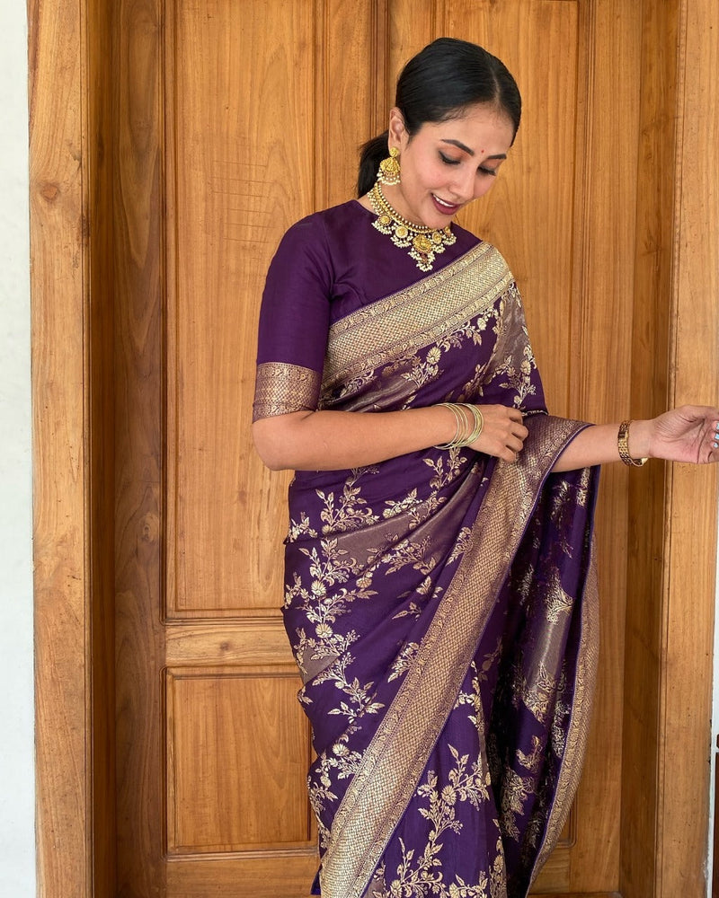 Meghavi - Purple Silk Saree with Gold Floral Zari Weaving and Contrast Border