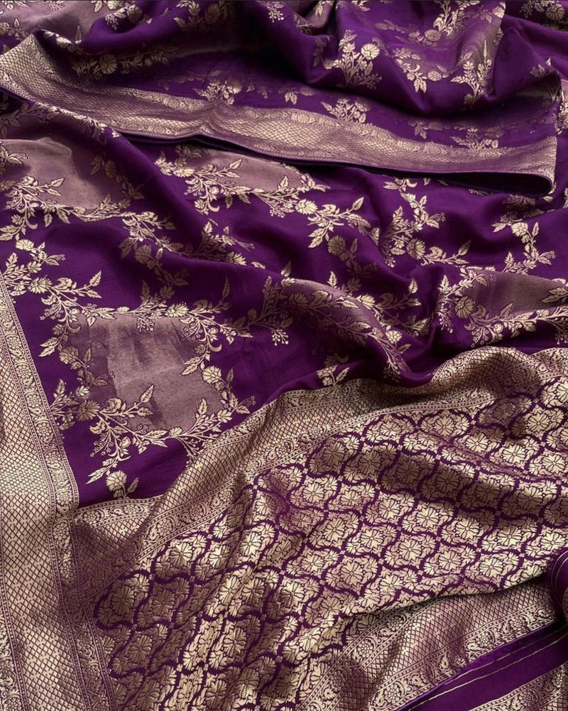 Meghavi - Purple Silk Saree with Gold Floral Zari Weaving and Contrast Border
