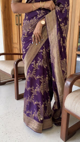 Meghavi - Purple Silk Saree with Gold Floral Zari Weaving and Contrast Border