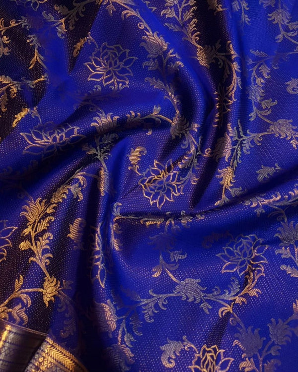 Royal Blue Kanjivaram Silk Saree with Golden Zari Floral Weave