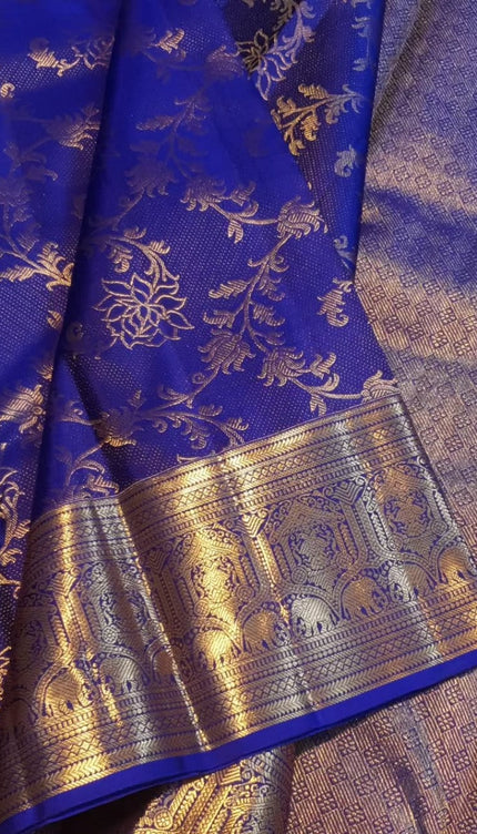 Royal Blue Kanjivaram Silk Saree with Golden Zari Floral Weave