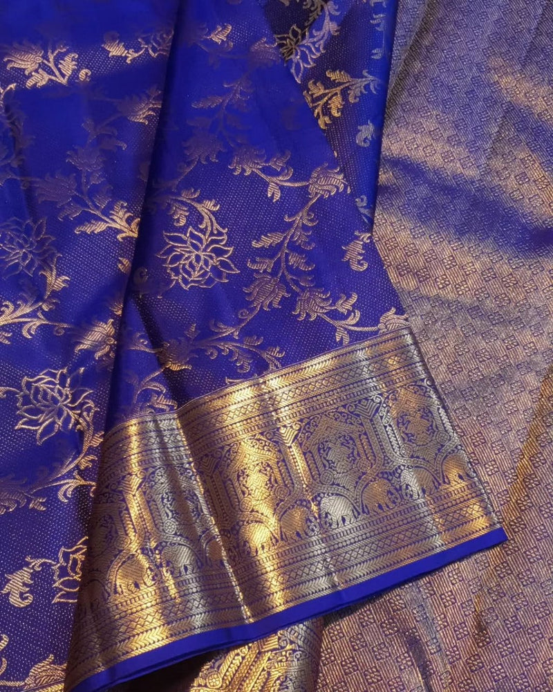Royal Blue Kanjivaram Silk Saree with Golden Zari Floral Weave
