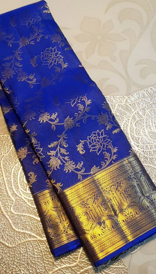 Royal Blue Kanjivaram Silk Saree with Golden Zari Floral Weave