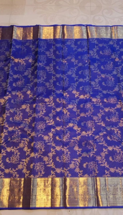 Royal Blue Kanjivaram Silk Saree with Golden Zari Floral Weave