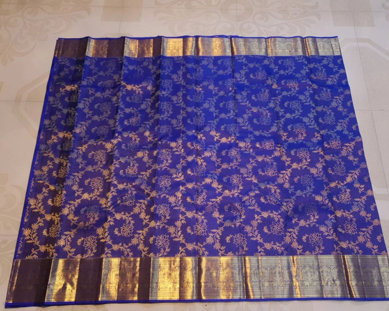 Royal Blue Kanjivaram Silk Saree with Golden Zari Floral Weave
