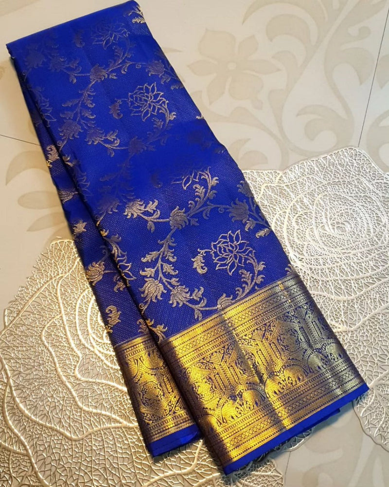 Royal Blue Kanjivaram Silk Saree with Golden Zari Floral Weave