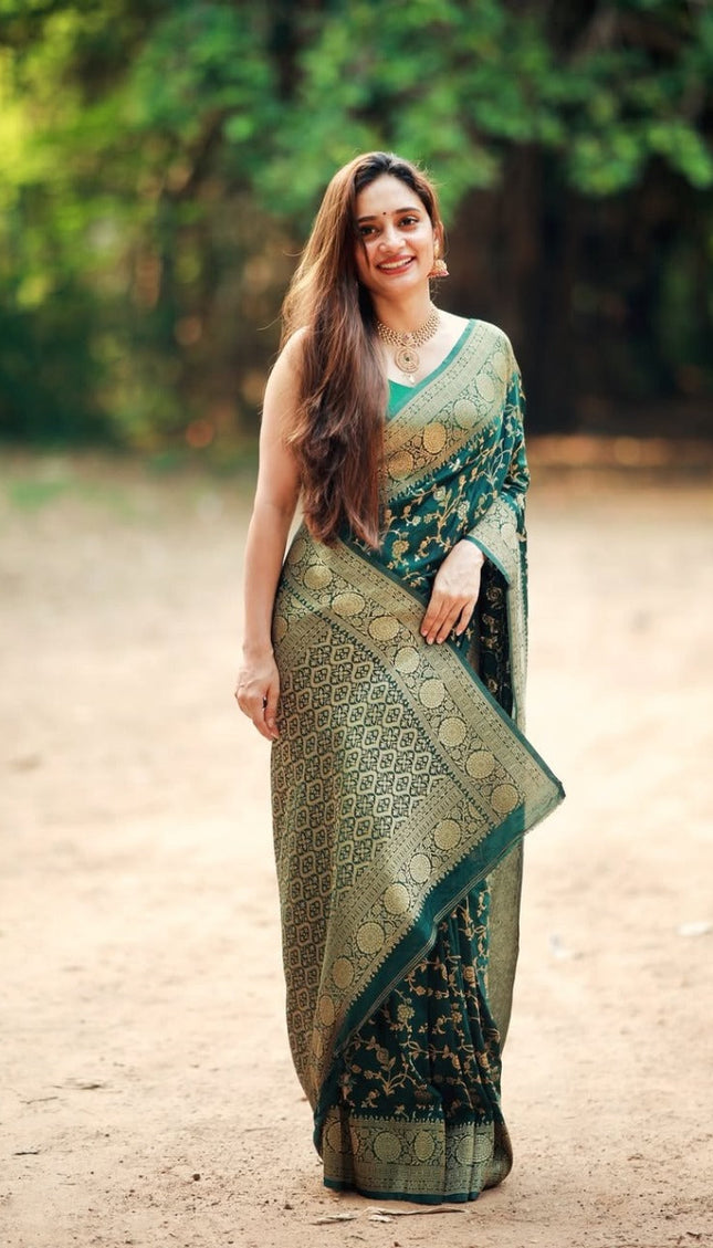 Vasundhara - Green Silk Saree with Gold Zari Floral Work and Ornate Border