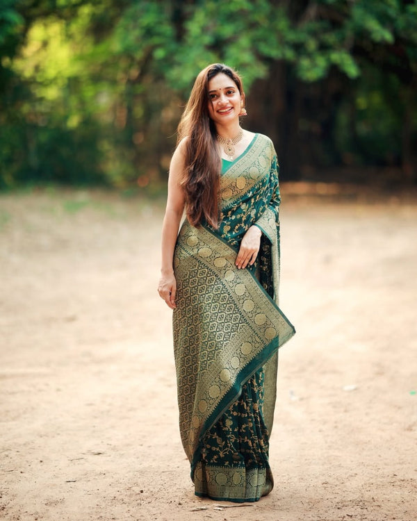 Vasundhara - Green Silk Saree with Gold Zari Floral Work and Ornate Border