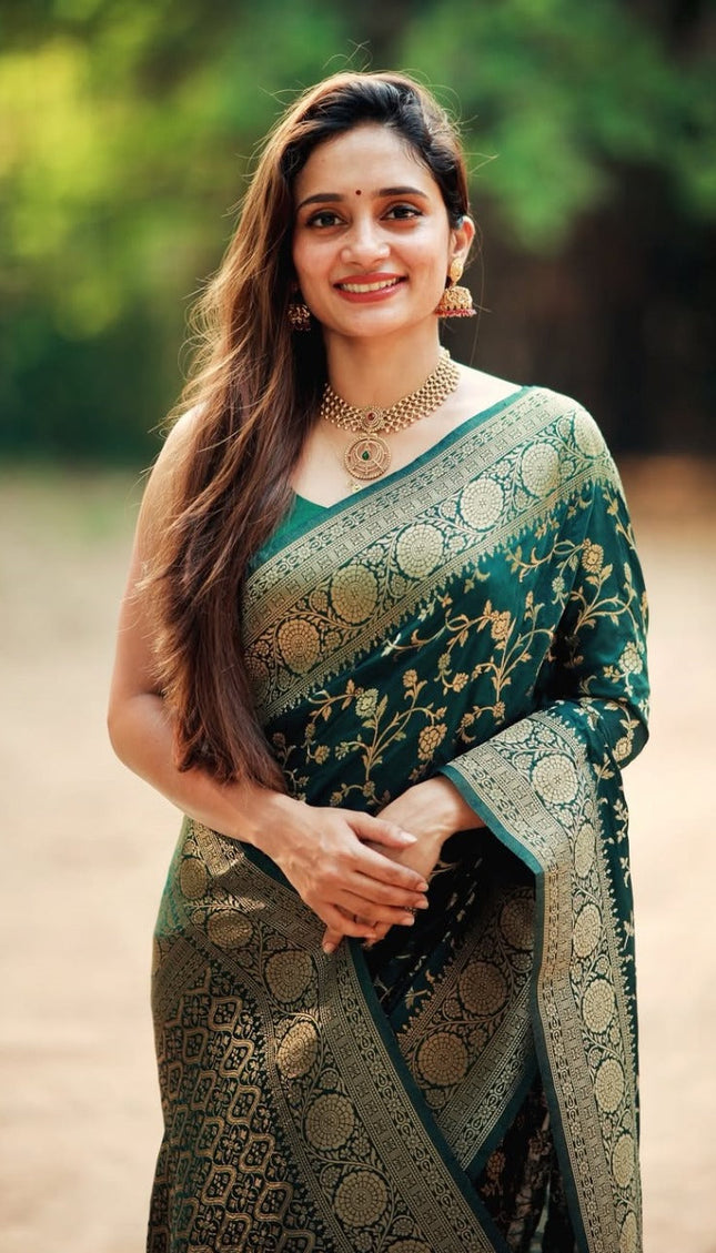 Vasundhara - Green Silk Saree with Gold Zari Floral Work and Ornate Border