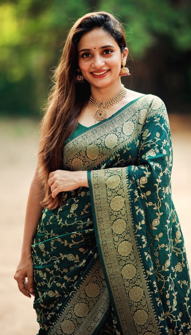 Vasundhara - Green Silk Saree with Gold Zari Floral Work and Ornate Border