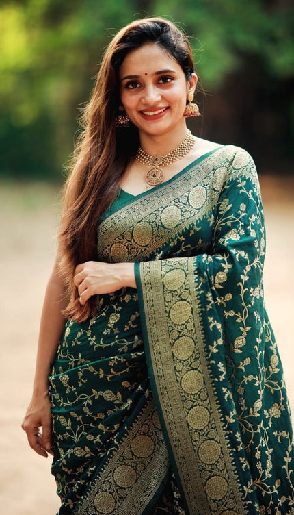 Vasundhara - Green Silk Saree with Gold Zari Floral Work and Ornate Border