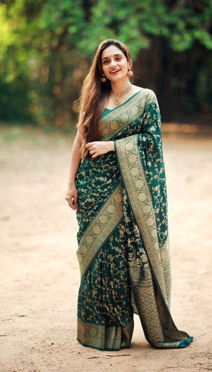 Vasundhara - Green Silk Saree with Gold Zari Floral Work and Ornate Border
