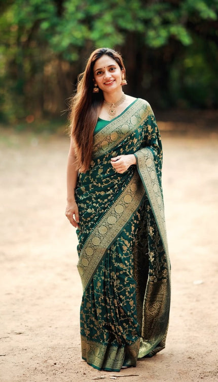 Vasundhara - Green Silk Saree with Gold Zari Floral Work and Ornate Border