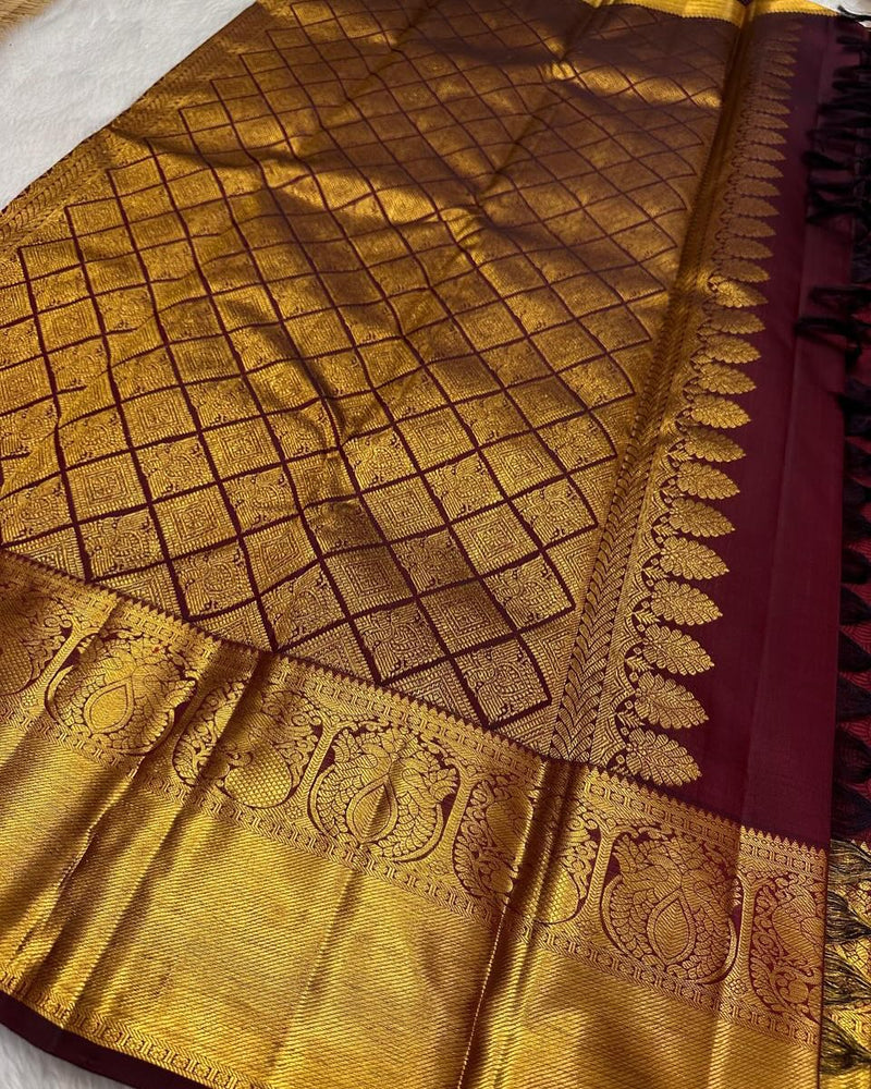 Maroon Kanjivaram Silk Saree with Golden Peacock Motifs