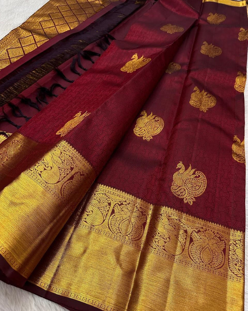 Maroon Kanjivaram Silk Saree with Golden Peacock Motifs